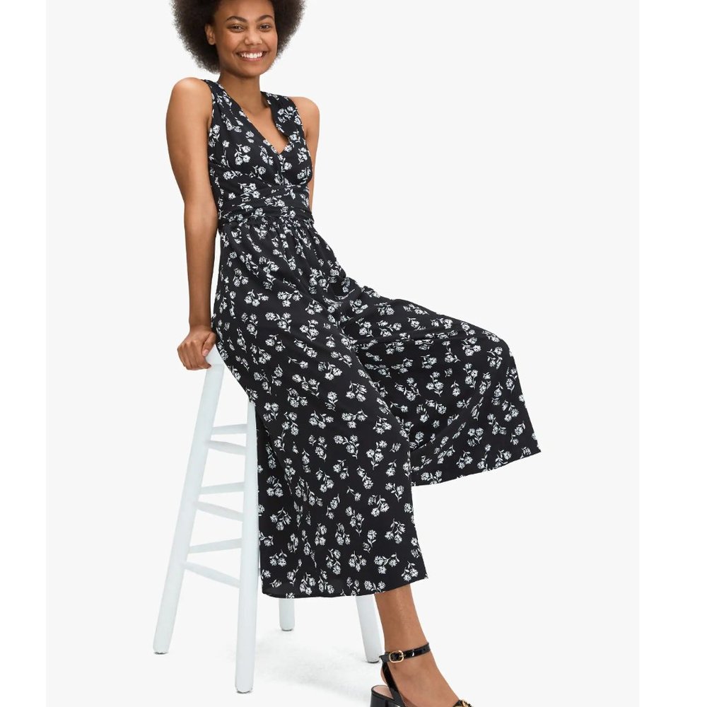 KATE SPADE Dandelion Floral Jumpsuit Black & White V Neck Wide Leg Size 4